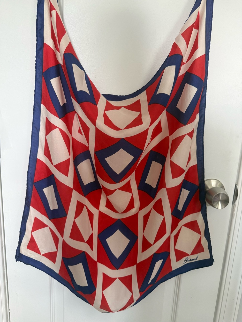 Bold Red Geometric Silk Scarf with Navy and Cream Accents - Picture 2 of 10